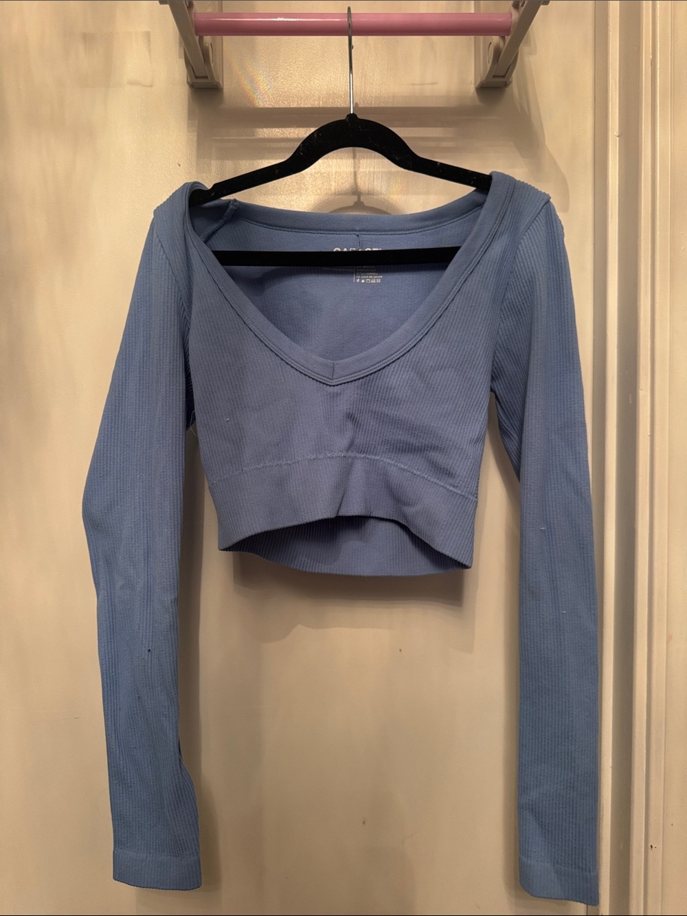 Garage Blue Ribbed V-Neck Long Sleeve Cropped Top